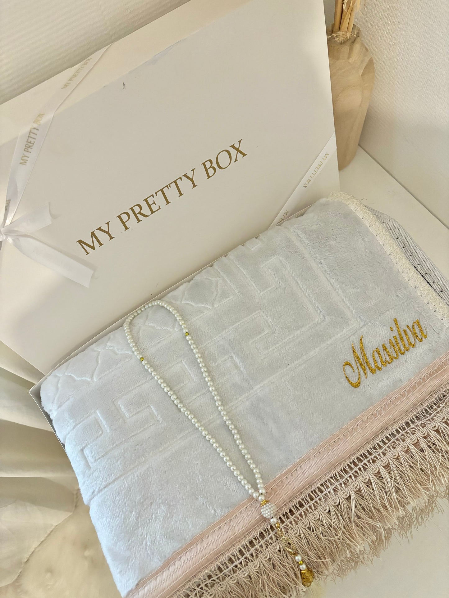 Coffret tapis de prière blanc + chapelet