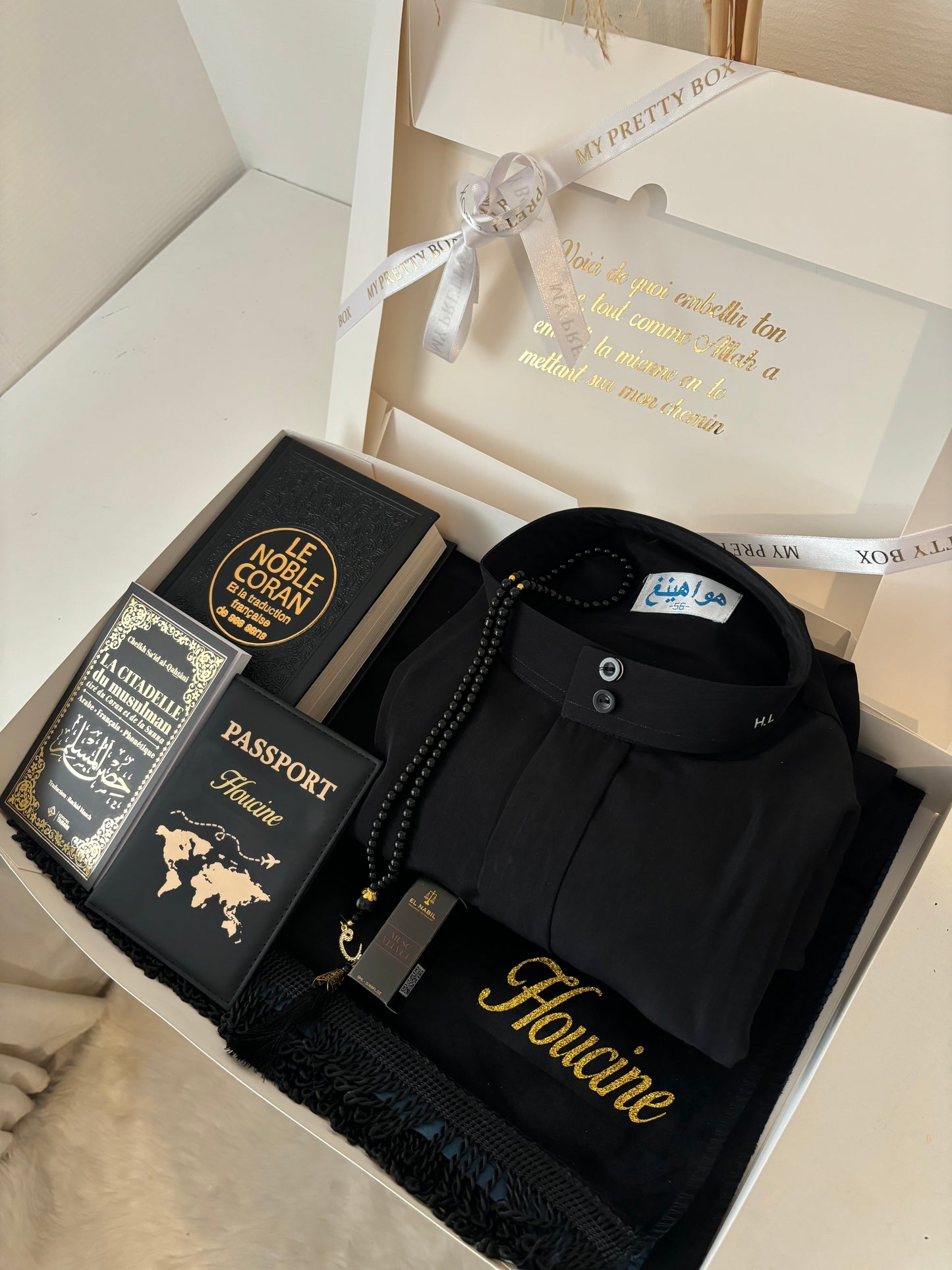 Coffret Qamis haut de gamme tapis fin noir + passeport offert