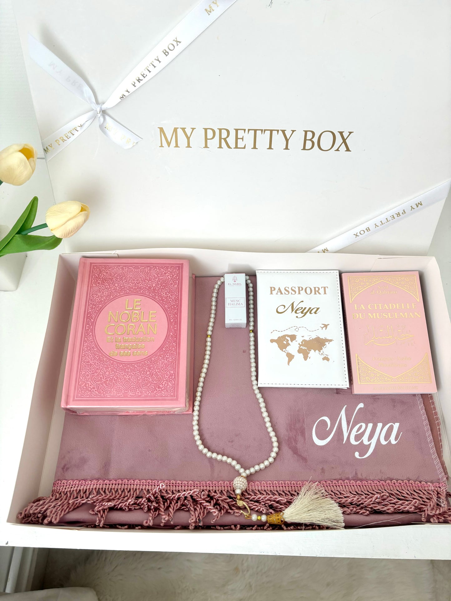 Coffret tapis de prière rose