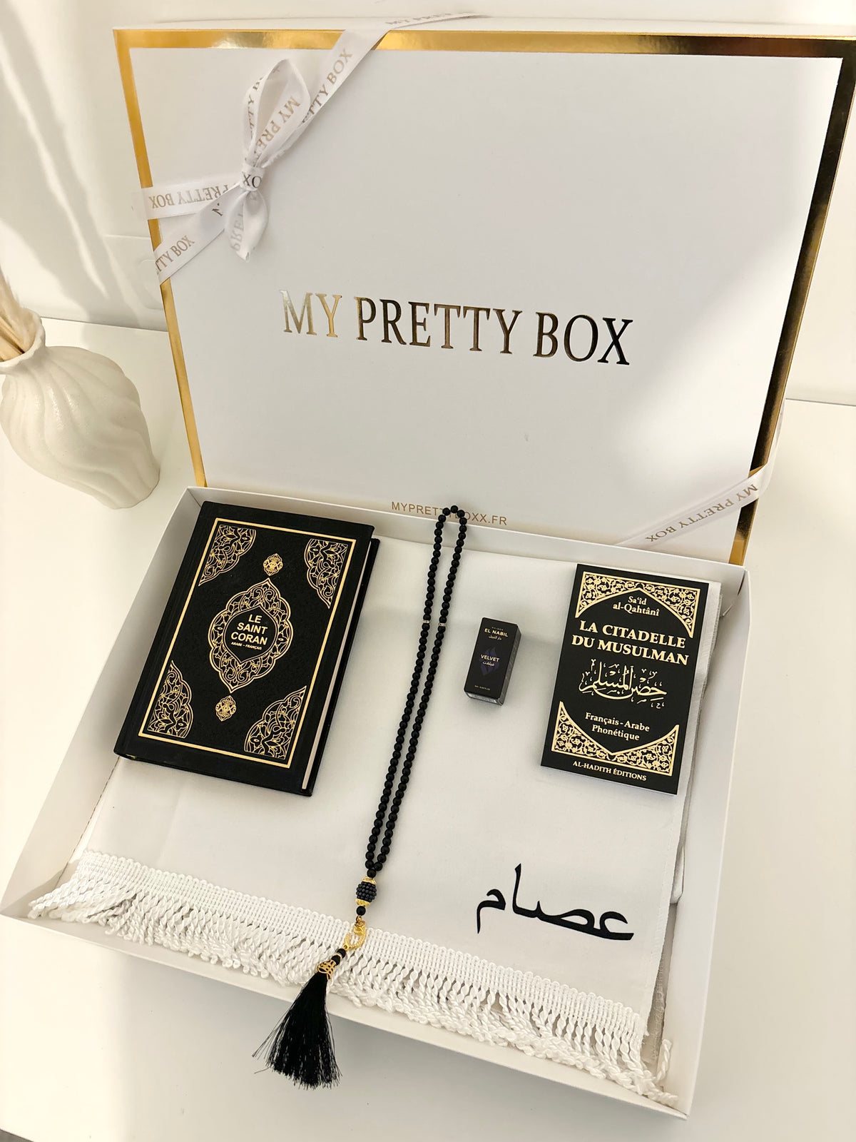 Coffret tapis de prière blanc fin