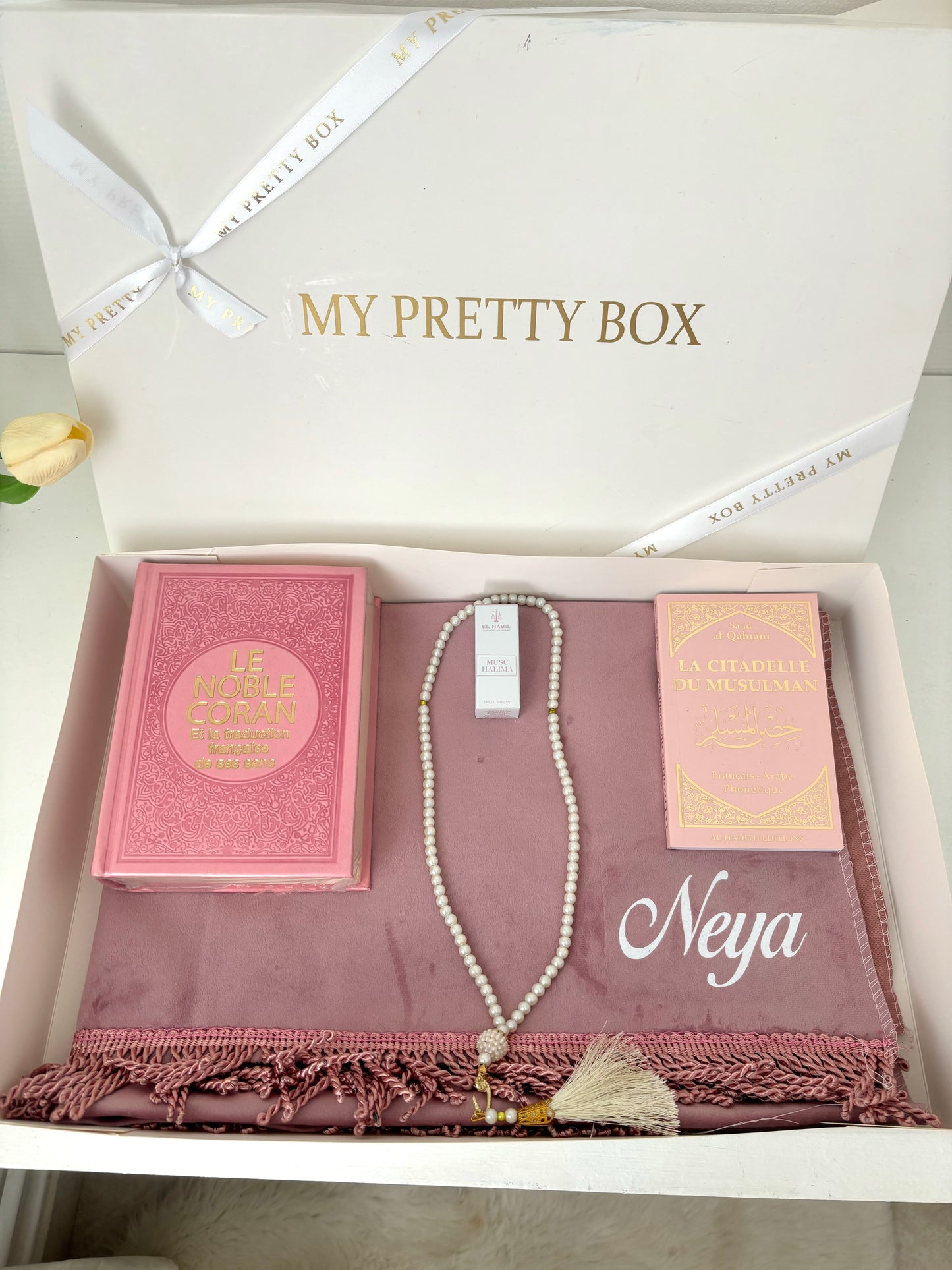 Coffret tapis de prière rose